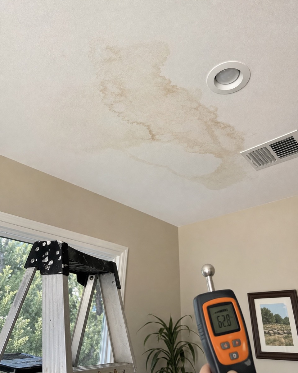 Ceiling water stain from a roof leak